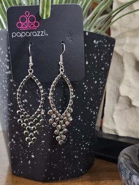 Paparazzi Silver and Black Crystal Teardrop Dangle Earrings